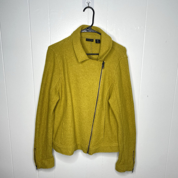 Tahari Wool Moto Jacket L Mustard Yellow Zip Up Boho Indie 2000s Retro Fall - Picture 1 of 9